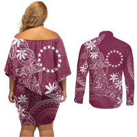 Maroon Kuki Airani Tapakau Couples Matching Off Shoulder Short Dress and Long Sleeve Button Shirt Tribal Anchor Mix Tiare