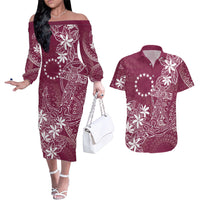 Maroon Kuki Airani Tapakau Couples Matching Off The Shoulder Long Sleeve Dress and Hawaiian Shirt Tribal Anchor Mix Tiare