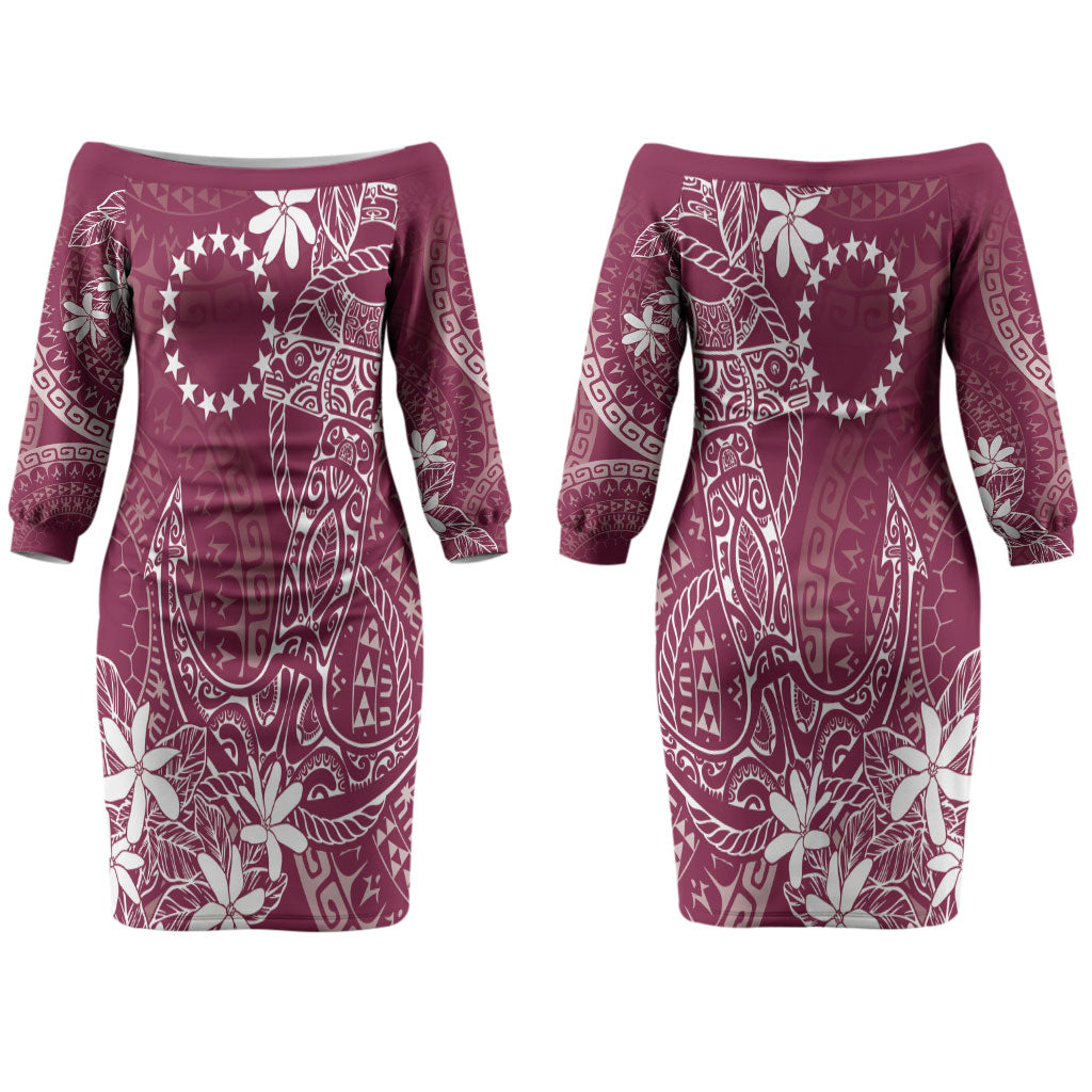 Maroon Kuki Airani Tapakau Couples Matching Off The Shoulder Long Sleeve Dress and Long Sleeve Button Shirt Tribal Anchor Mix Tiare LT7 - Polynesian Pride