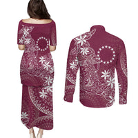 Maroon Kuki Airani Tapakau Couples Matching Puletasi and Long Sleeve Button Shirt Tribal Anchor Mix Tiare