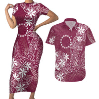 Maroon Kuki Airani Tapakau Couples Matching Short Sleeve Bodycon Dress and Hawaiian Shirt Tribal Anchor Mix Tiare