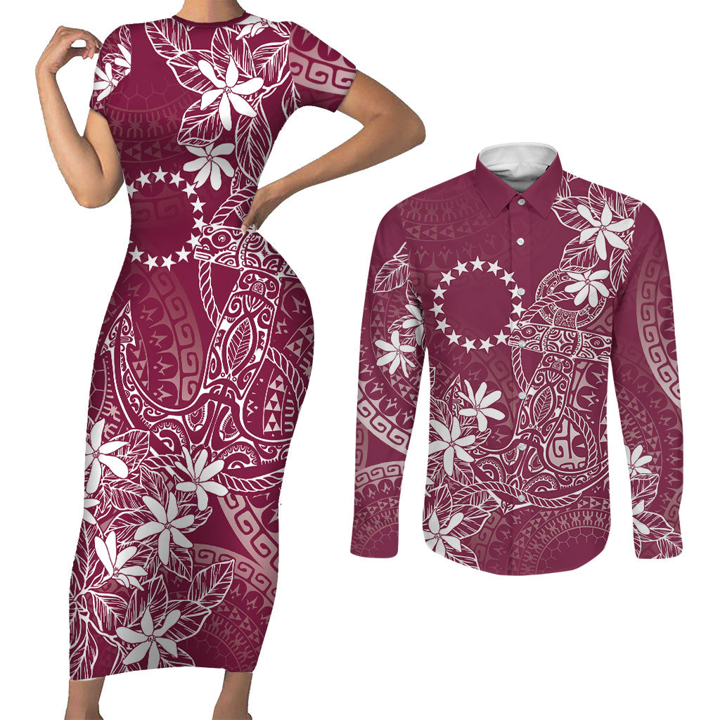 Maroon Kuki Airani Tapakau Couples Matching Short Sleeve Bodycon Dress and Long Sleeve Button Shirt Tribal Anchor Mix Tiare LT7 Maroon - Polynesian Pride