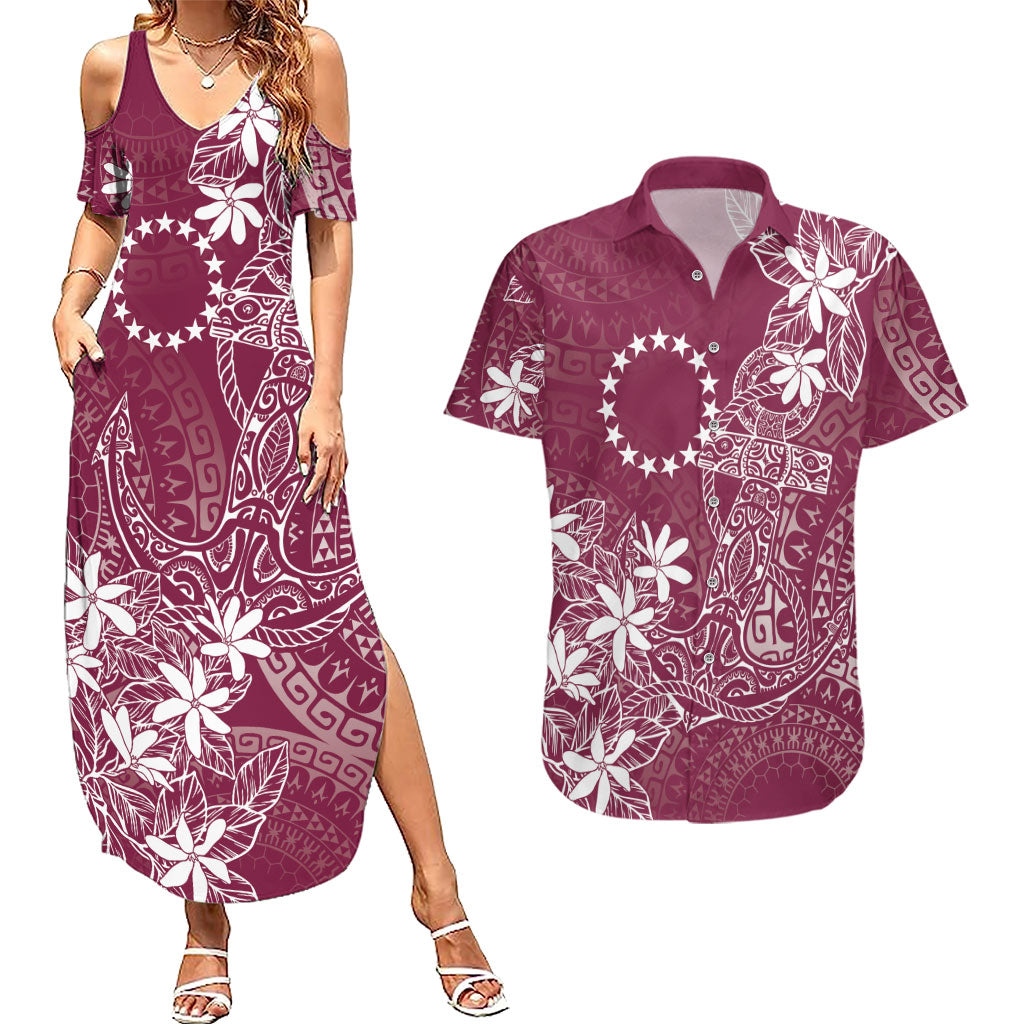 Maroon Kuki Airani Tapakau Couples Matching Summer Maxi Dress and Hawaiian Shirt Tribal Anchor Mix Tiare