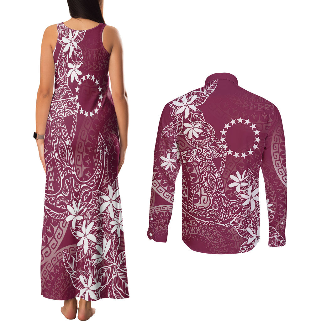 Maroon Kuki Airani Tapakau Couples Matching Tank Maxi Dress and Long Sleeve Button Shirt Tribal Anchor Mix Tiare