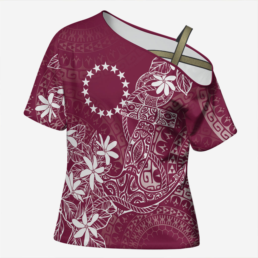 Maroon Kuki Airani Tapakau Cross Shoulder Shirt Tribal Anchor Mix Tiare LT7 Female Maroon - Polynesian Pride