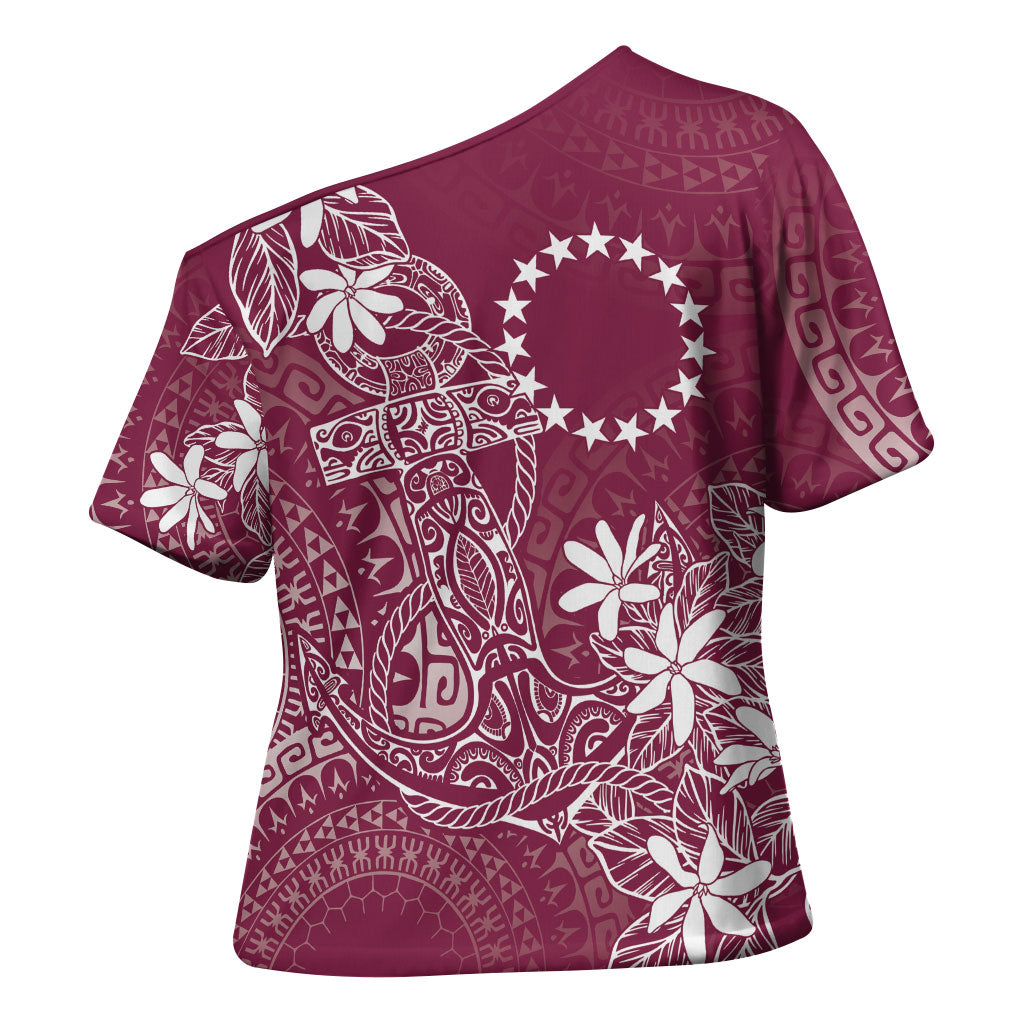 Maroon Kuki Airani Tapakau Cross Shoulder Shirt Tribal Anchor Mix Tiare LT7 - Polynesian Pride
