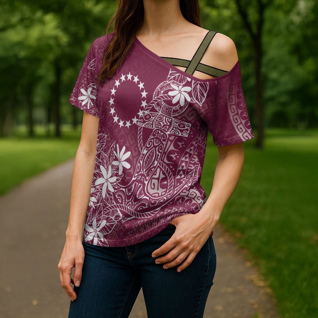 Maroon Kuki Airani Tapakau Cross Shoulder Shirt Tribal Anchor Mix Tiare LT7 - Polynesian Pride