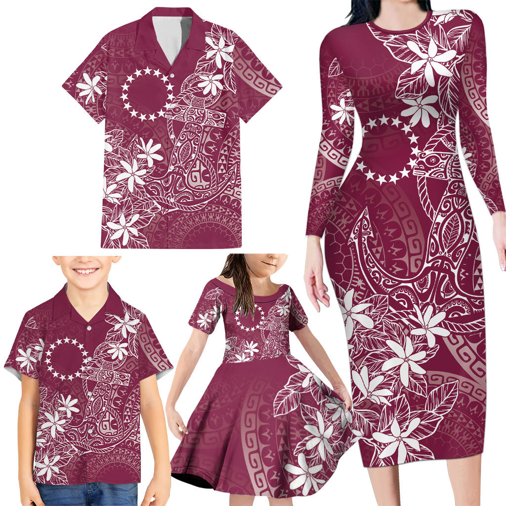 Maroon Kuki Airani Tapakau Family Matching Long Sleeve Bodycon Dress and Hawaiian Shirt Tribal Anchor Mix Tiare LT7 - Polynesian Pride