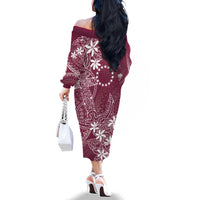 Maroon Kuki Airani Tapakau Family Matching Off The Shoulder Long Sleeve Dress and Hawaiian Shirt Tribal Anchor Mix Tiare