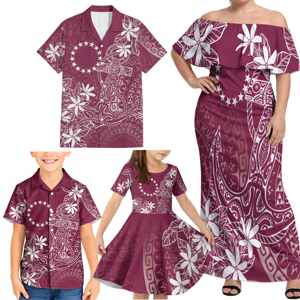 Maroon Kuki Airani Tapakau Family Matching Off Shoulder Maxi Dress and Hawaiian Shirt Tribal Anchor Mix Tiare LT7 - Polynesian Pride