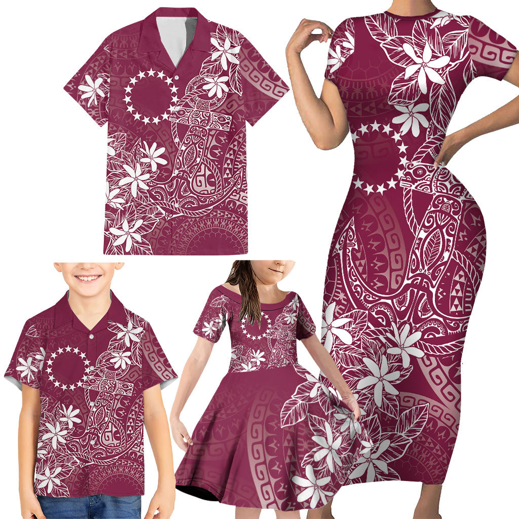 Maroon Kuki Airani Tapakau Family Matching Short Sleeve Bodycon Dress and Hawaiian Shirt Tribal Anchor Mix Tiare