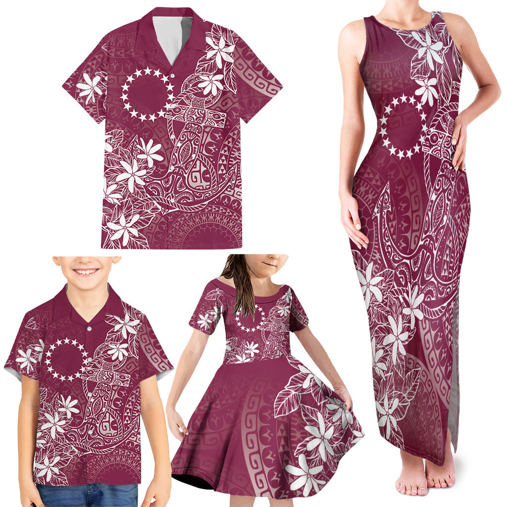 Maroon Kuki Airani Tapakau Family Matching Tank Maxi Dress and Hawaiian Shirt Tribal Anchor Mix Tiare