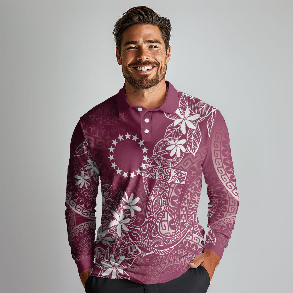 Maroon Kuki Airani Tapakau Long Sleeve Polo Shirt Tribal Anchor Mix Tiare
