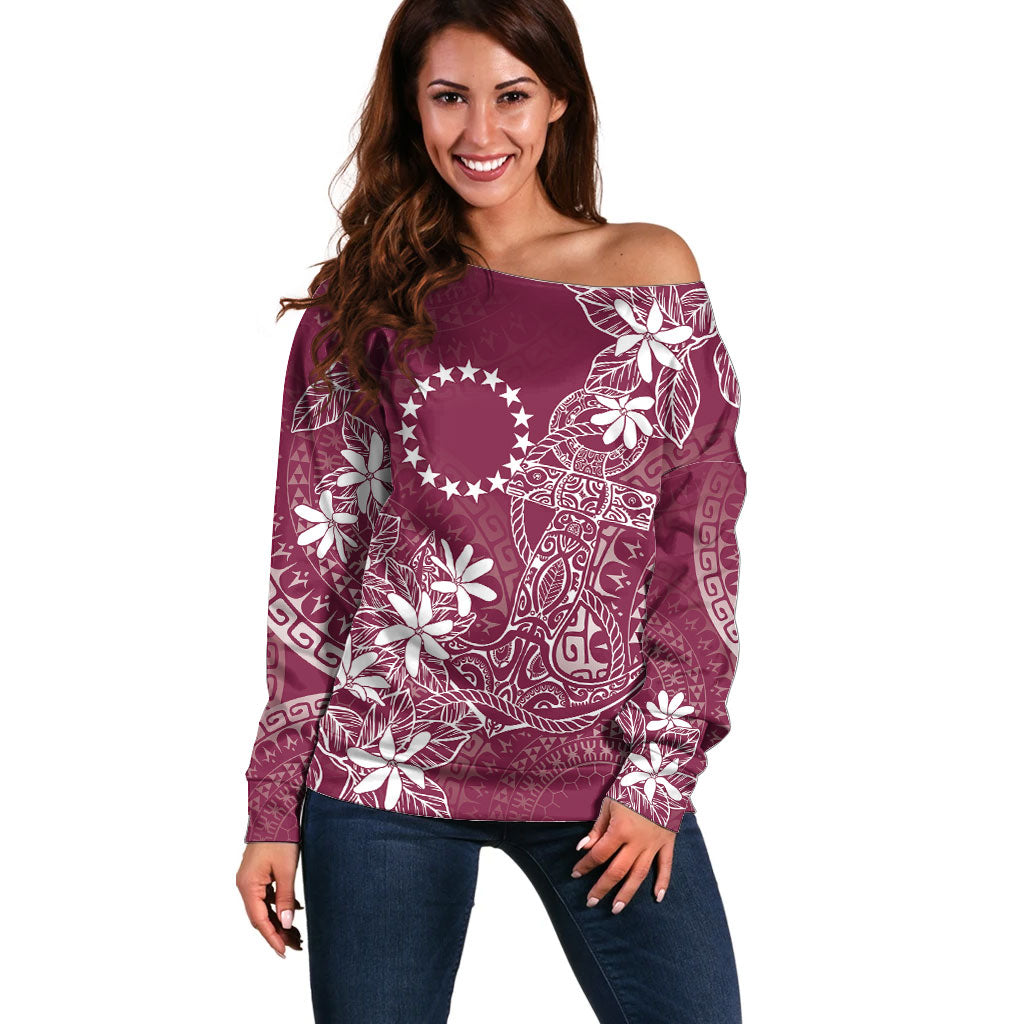 Maroon Kuki Airani Tapakau Off Shoulder Sweater Tribal Anchor Mix Tiare LT7 Women Maroon - Polynesian Pride