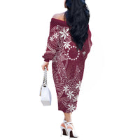 Maroon Kuki Airani Tapakau Off The Shoulder Long Sleeve Dress Tribal Anchor Mix Tiare