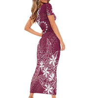 Maroon Kuki Airani Tapakau Short Sleeve Bodycon Dress Tribal Anchor Mix Tiare