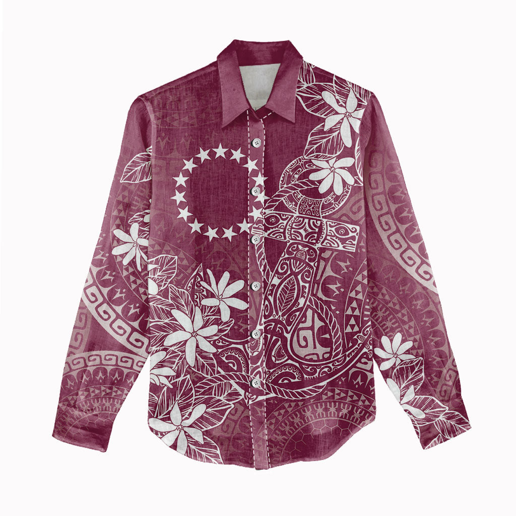 Maroon Kuki Airani Tapakau Women Casual Shirt Tribal Anchor Mix Tiare