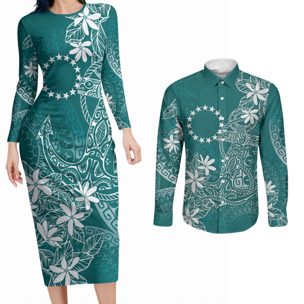 Teal Kuki Airani Tapakau Couples Matching Long Sleeve Bodycon Dress and Long Sleeve Button Shirt Tribal Anchor Mix Tiare LT7 Teal - Polynesian Pride