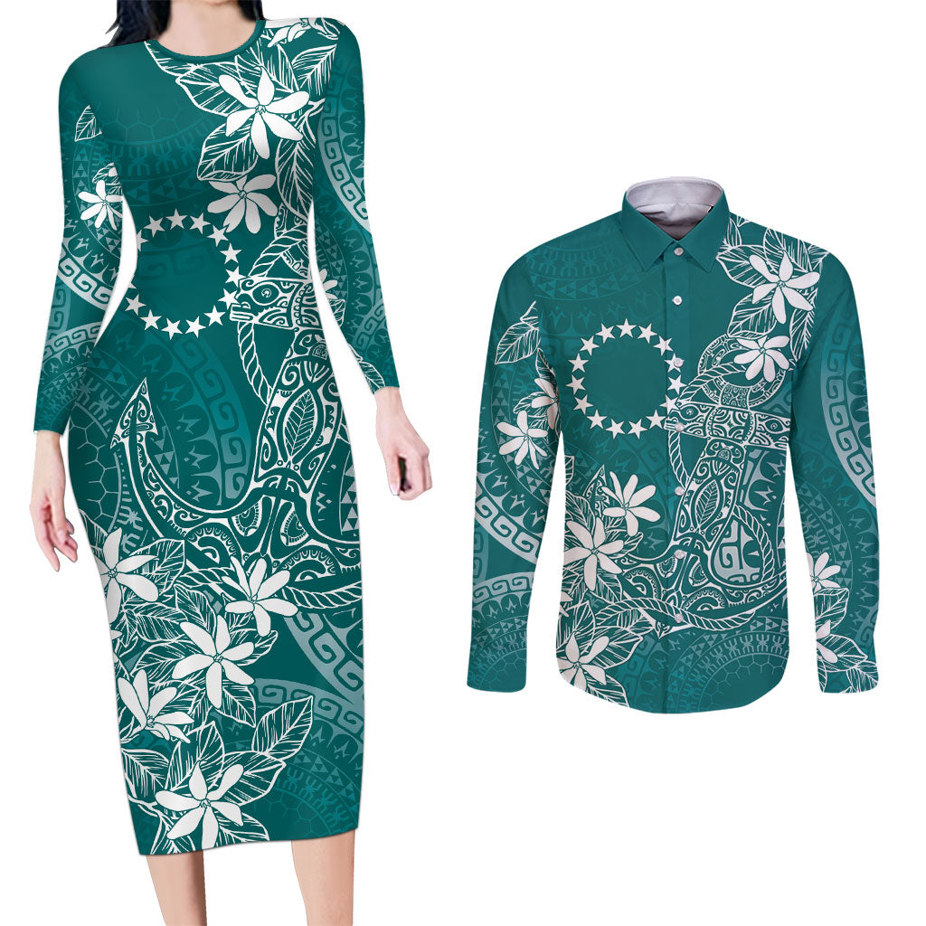 Teal Kuki Airani Tapakau Couples Matching Long Sleeve Bodycon Dress and Long Sleeve Button Shirt Tribal Anchor Mix Tiare LT7 Teal - Polynesian Pride