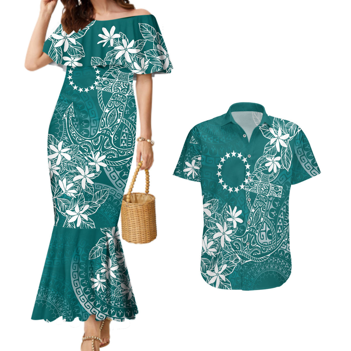 Teal Kuki Airani Tapakau Couples Matching Mermaid Dress and Hawaiian Shirt Tribal Anchor Mix Tiare LT7 Teal - Polynesian Pride