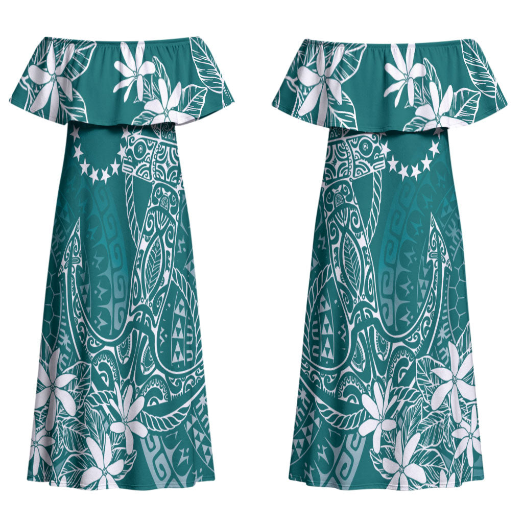 Teal Kuki Airani Tapakau Couples Matching Off Shoulder Maxi Dress and Hawaiian Shirt Tribal Anchor Mix Tiare LT7 - Polynesian Pride