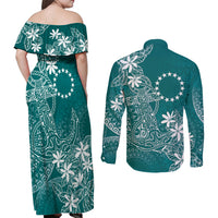 Teal Kuki Airani Tapakau Couples Matching Off Shoulder Maxi Dress and Long Sleeve Button Shirt Tribal Anchor Mix Tiare