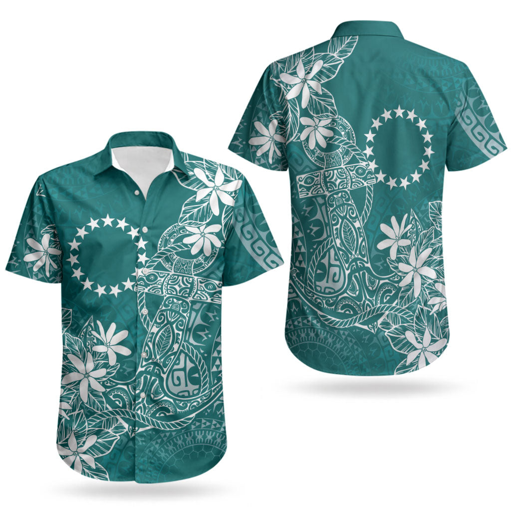 Teal Kuki Airani Tapakau Couples Matching Off Shoulder Short Dress and Hawaiian Shirt Tribal Anchor Mix Tiare LT7 - Polynesian Pride