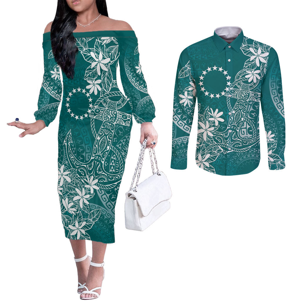 Teal Kuki Airani Tapakau Couples Matching Off The Shoulder Long Sleeve Dress and Long Sleeve Button Shirt Tribal Anchor Mix Tiare