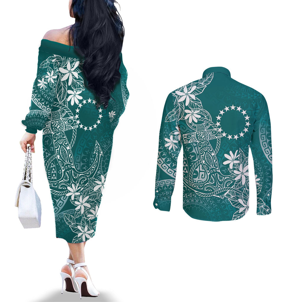 Teal Kuki Airani Tapakau Couples Matching Off The Shoulder Long Sleeve Dress and Long Sleeve Button Shirt Tribal Anchor Mix Tiare