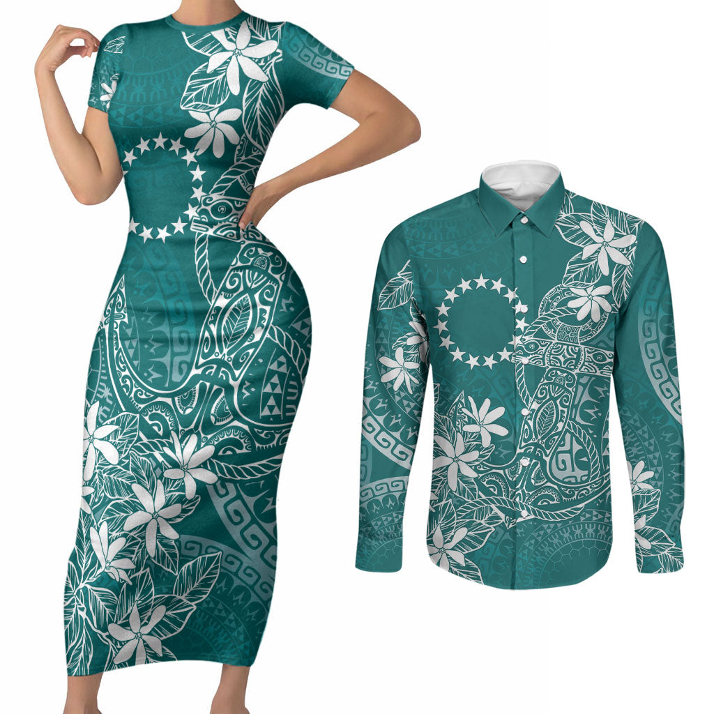 Teal Kuki Airani Tapakau Couples Matching Short Sleeve Bodycon Dress and Long Sleeve Button Shirt Tribal Anchor Mix Tiare LT7 Teal - Polynesian Pride