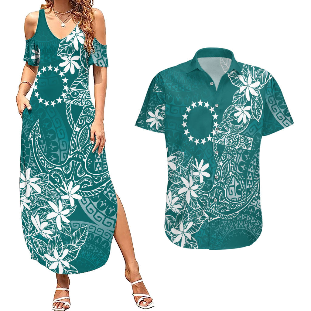 Teal Kuki Airani Tapakau Couples Matching Summer Maxi Dress and Hawaiian Shirt Tribal Anchor Mix Tiare