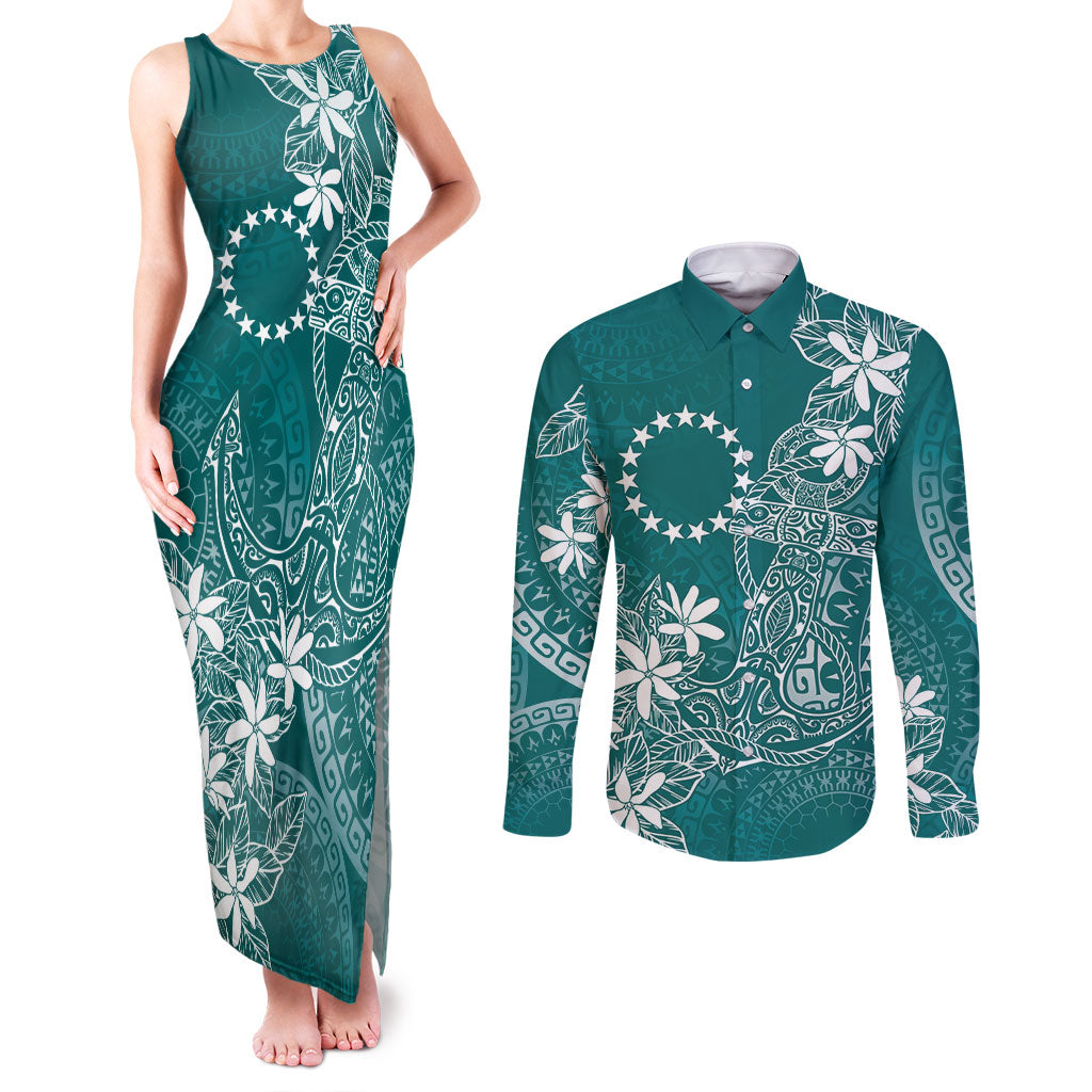 Teal Kuki Airani Tapakau Couples Matching Tank Maxi Dress and Long Sleeve Button Shirt Tribal Anchor Mix Tiare