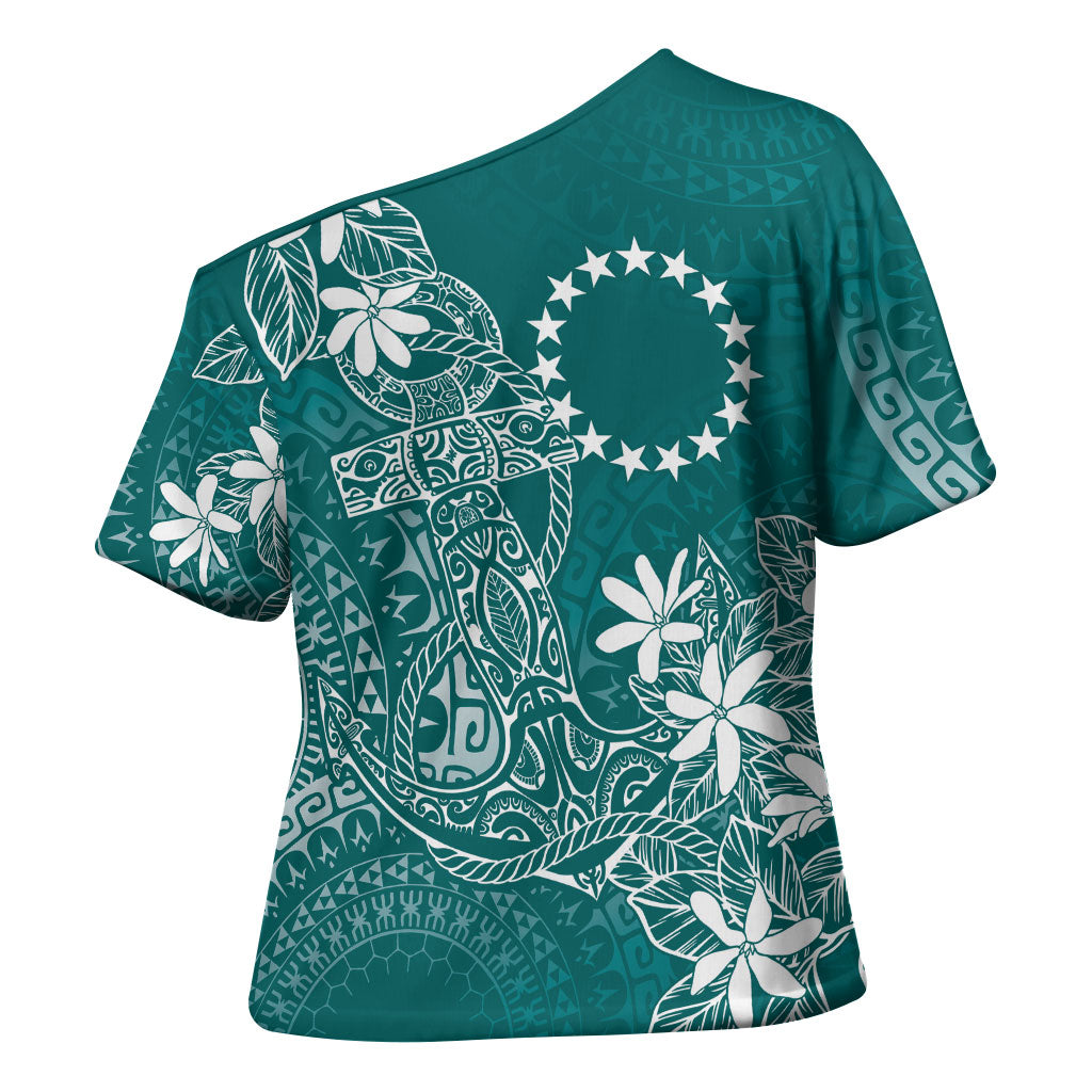 Teal Kuki Airani Tapakau Cross Shoulder Shirt Tribal Anchor Mix Tiare