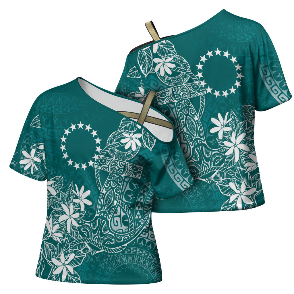 Teal Kuki Airani Tapakau Cross Shoulder Shirt Tribal Anchor Mix Tiare
