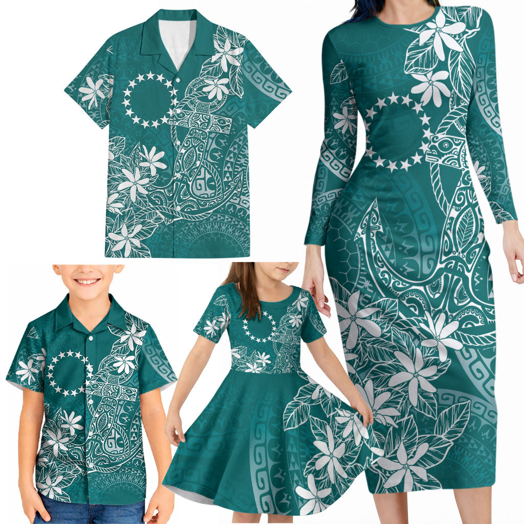 Teal Kuki Airani Tapakau Family Matching Long Sleeve Bodycon Dress and Hawaiian Shirt Tribal Anchor Mix Tiare LT7 - Polynesian Pride