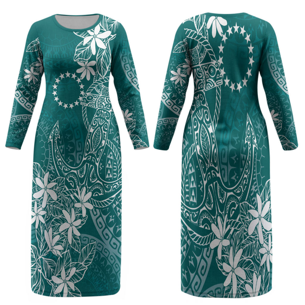Teal Kuki Airani Tapakau Family Matching Long Sleeve Bodycon Dress and Hawaiian Shirt Tribal Anchor Mix Tiare LT7 Mom's Dress Teal - Polynesian Pride