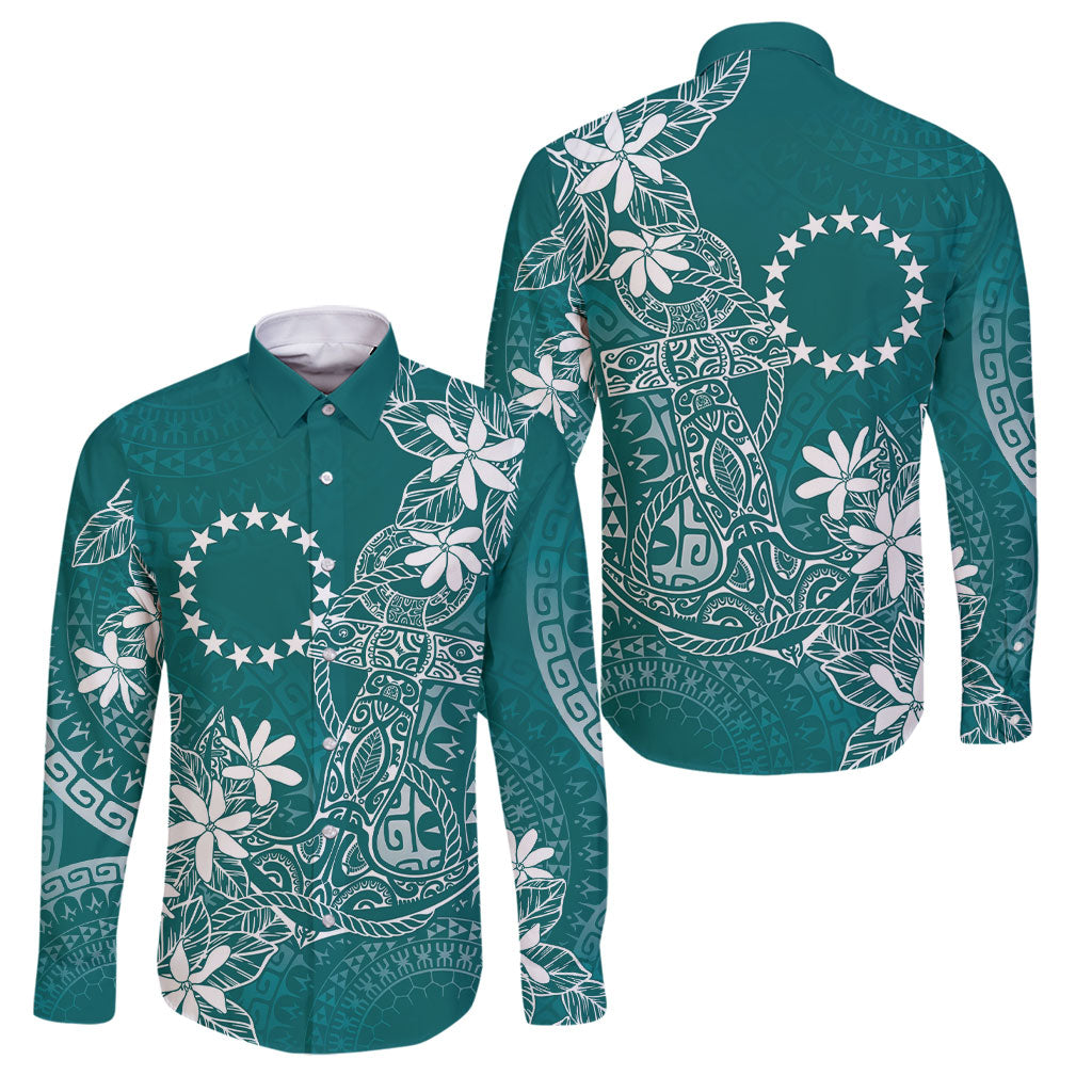 Teal Kuki Airani Tapakau Family Matching Long Sleeve Bodycon Dress and Hawaiian Shirt Tribal Anchor Mix Tiare LT7 Dad's Shirt - Long Sleeve Teal - Polynesian Pride