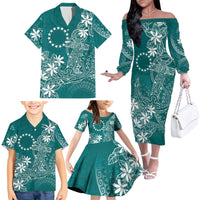 Teal Kuki Airani Tapakau Family Matching Off The Shoulder Long Sleeve Dress and Hawaiian Shirt Tribal Anchor Mix Tiare