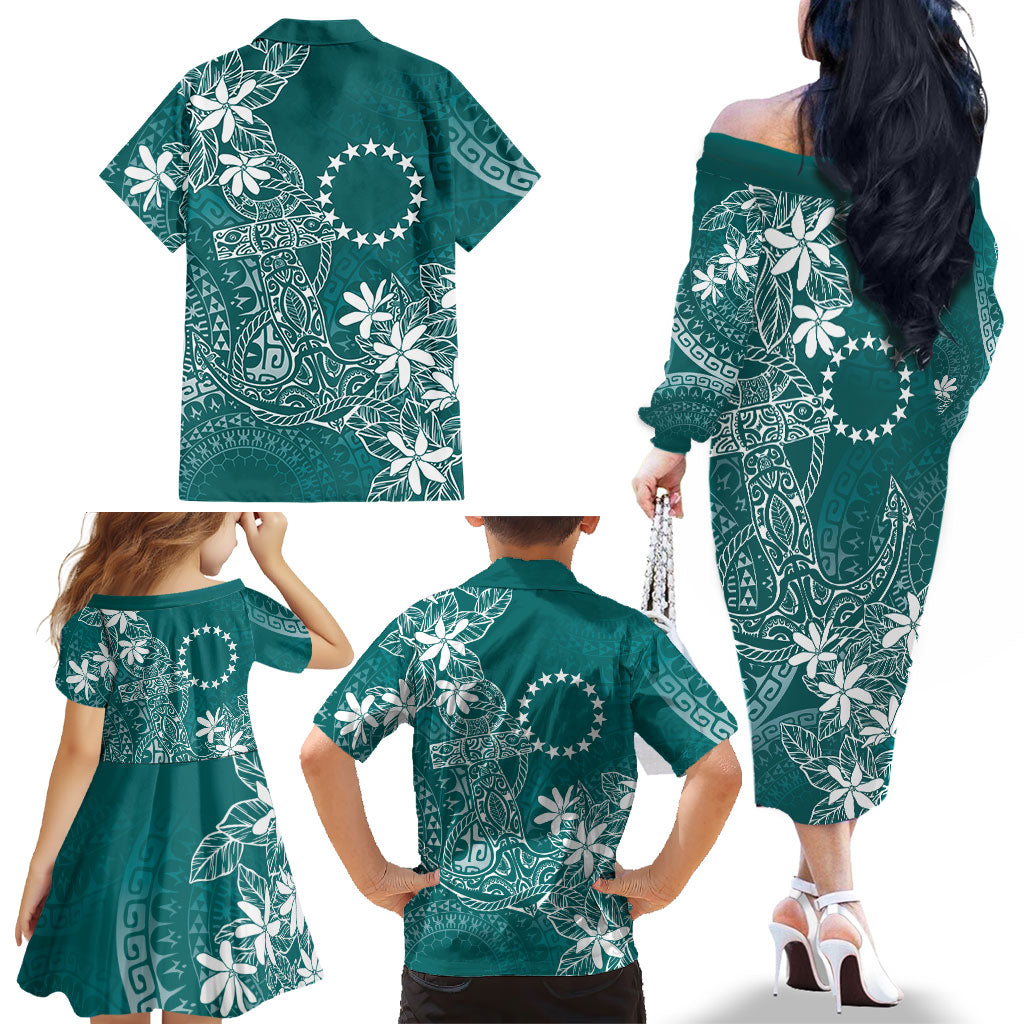 Teal Kuki Airani Tapakau Family Matching Off The Shoulder Long Sleeve Dress and Hawaiian Shirt Tribal Anchor Mix Tiare