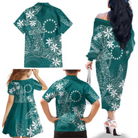 Teal Kuki Airani Tapakau Family Matching Off The Shoulder Long Sleeve Dress and Hawaiian Shirt Tribal Anchor Mix Tiare