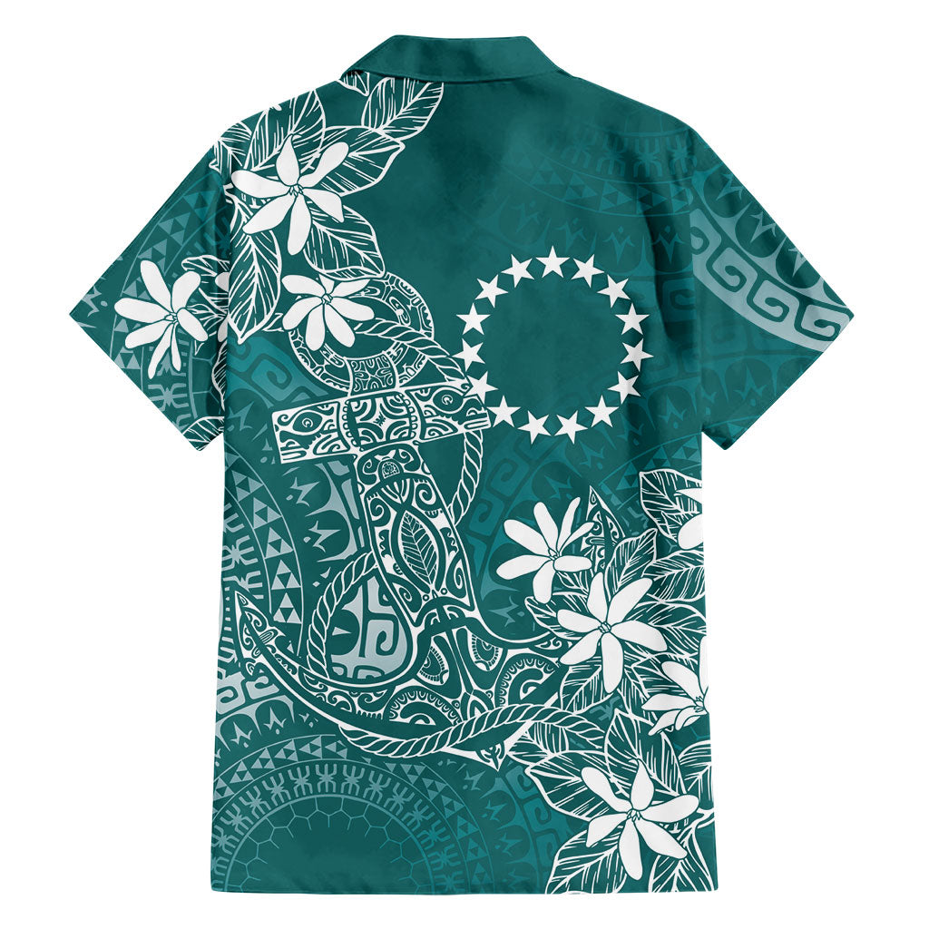 Teal Kuki Airani Tapakau Family Matching Off The Shoulder Long Sleeve Dress and Hawaiian Shirt Tribal Anchor Mix Tiare