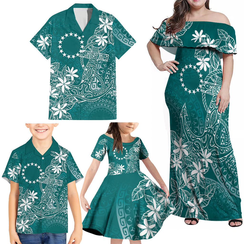 Teal Kuki Airani Tapakau Family Matching Off Shoulder Maxi Dress and Hawaiian Shirt Tribal Anchor Mix Tiare