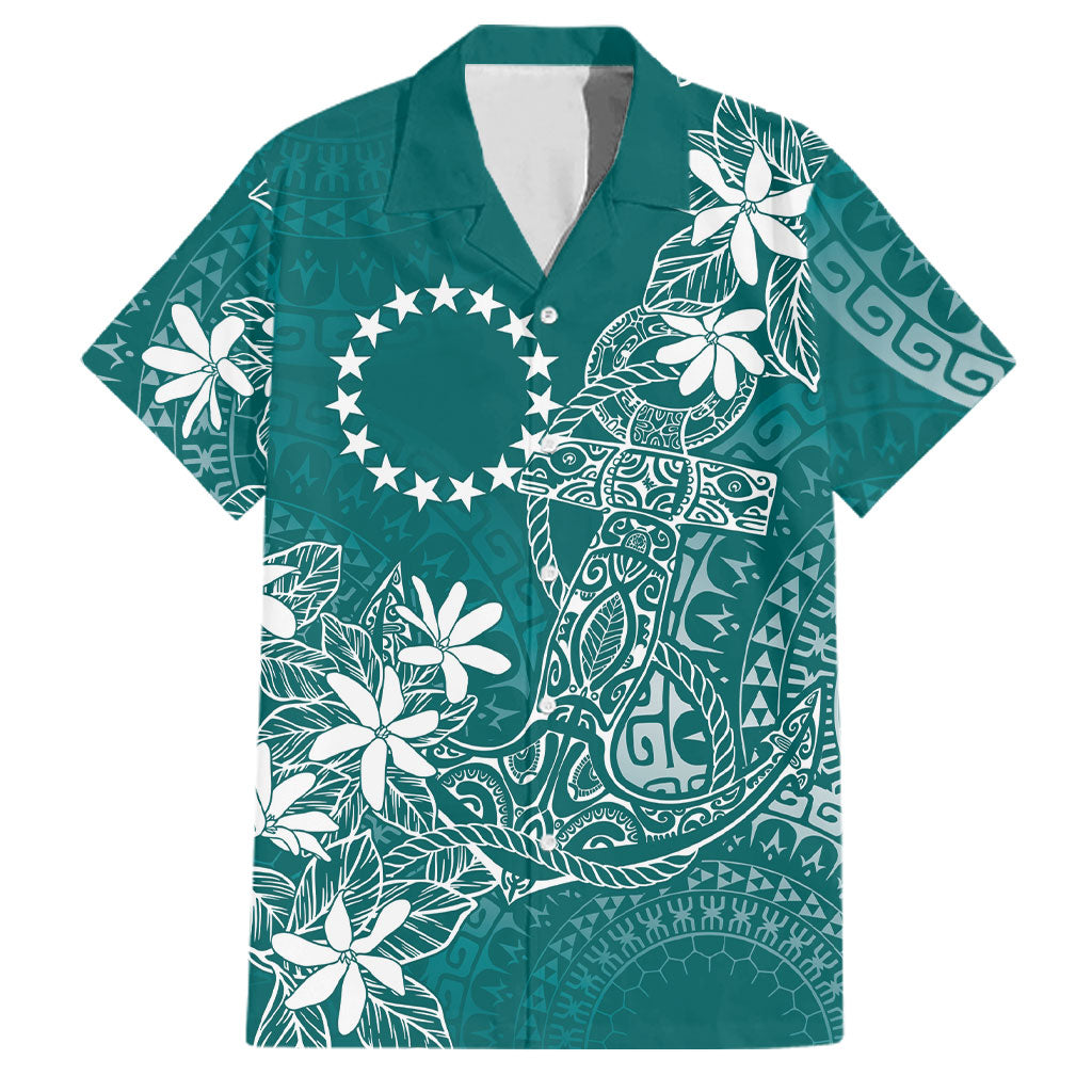 Teal Kuki Airani Tapakau Family Matching Off Shoulder Short Dress and Hawaiian Shirt Tribal Anchor Mix Tiare