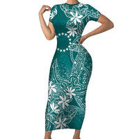 Teal Kuki Airani Tapakau Family Matching Short Sleeve Bodycon Dress and Hawaiian Shirt Tribal Anchor Mix Tiare