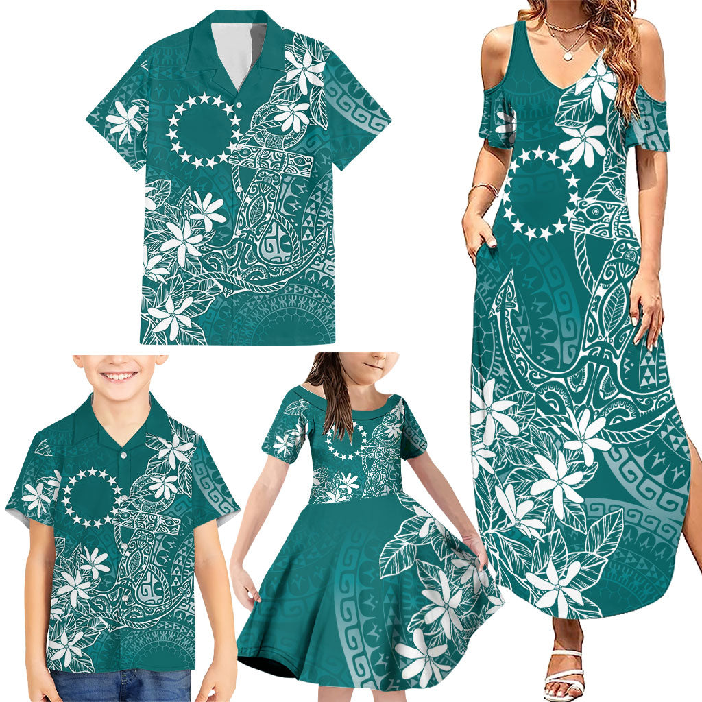 Teal Kuki Airani Tapakau Family Matching Summer Maxi Dress and Hawaiian Shirt Tribal Anchor Mix Tiare