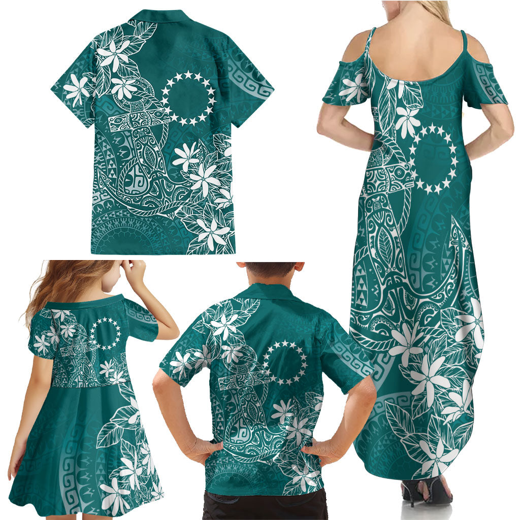 Teal Kuki Airani Tapakau Family Matching Summer Maxi Dress and Hawaiian Shirt Tribal Anchor Mix Tiare