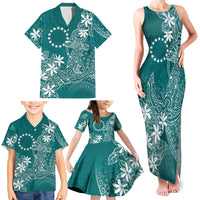 Teal Kuki Airani Tapakau Family Matching Tank Maxi Dress and Hawaiian Shirt Tribal Anchor Mix Tiare
