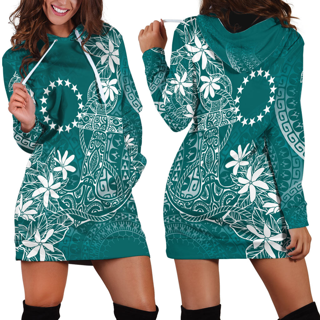 Teal Kuki Airani Tapakau Hoodie Dress Tribal Anchor Mix Tiare
