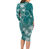 Teal Kuki Airani Tapakau Long Sleeve Bodycon Dress Tribal Anchor Mix Tiare