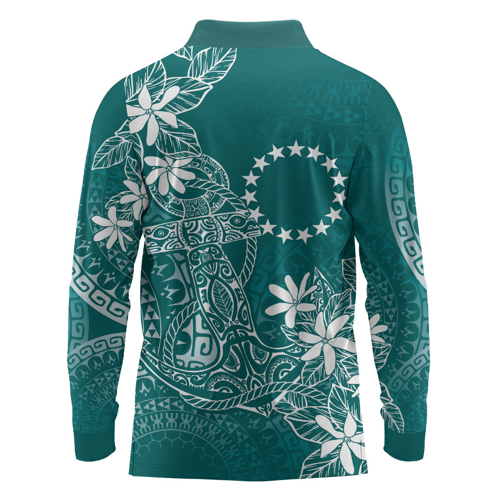 Teal Kuki Airani Tapakau Long Sleeve Polo Shirt Tribal Anchor Mix Tiare